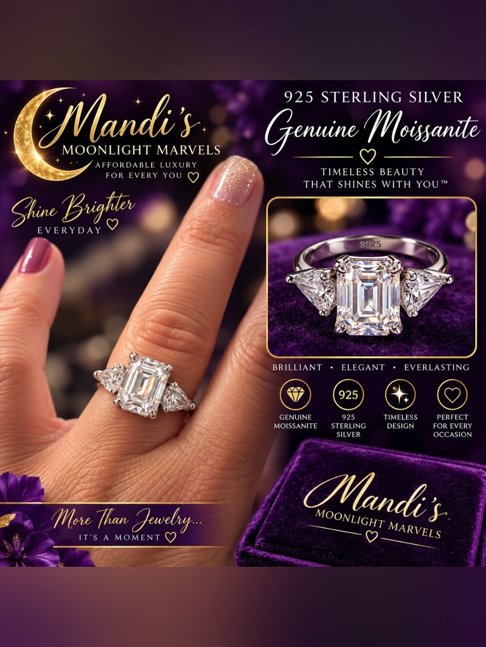 925 Sterling Silver Emerald-Cut Moissanite Ring in Silver - Size 6